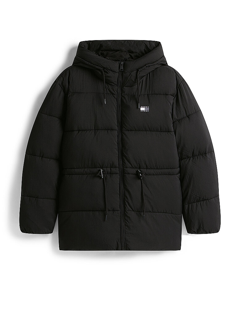 Steppjacke TOMMY JEANS "TJW HOODED MIDI PUFFER JACKET", Damen, Gr. S (36/38), schwarz, Web, Obermaterial: 100% Nylon, unifarben, regular fit wadenlang, Jacken Steppjacke